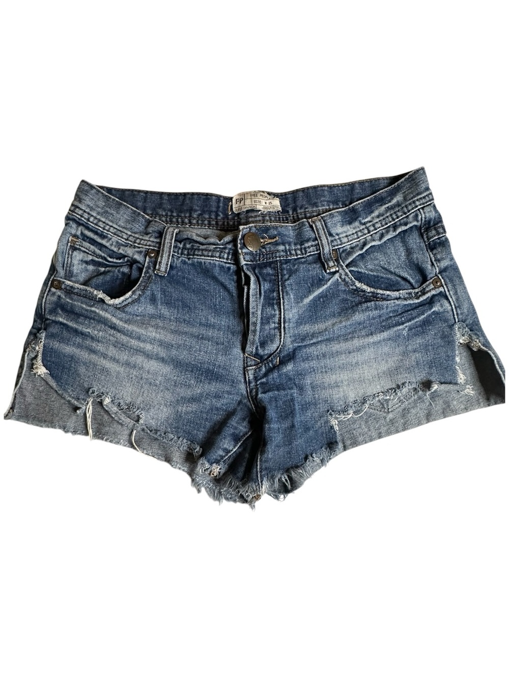Free People Distressed Denim Cutoff Shorts W25 Low Rise Button Fly Boho